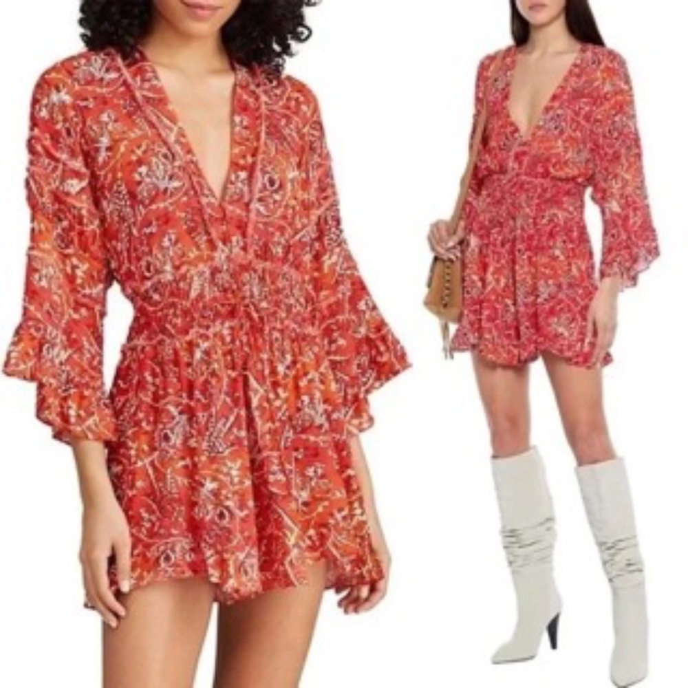 IRO Rhodey Romper Floral Crepe Plunge V-Neck Ruffle 3/4 Sleeve Playsuit US 8